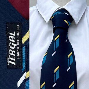 Vintage 70s TERGAL Men's Wide Navy Necktie Retro Geometric Pattern 55.5"x4"